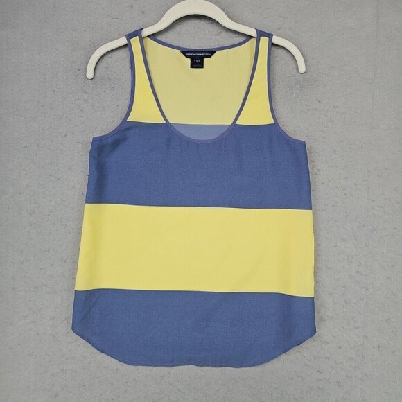 French Connection Top Womens 2 Blue/Yellow Stripe Chiffon Business Casual Chic - Picture 1 of 6